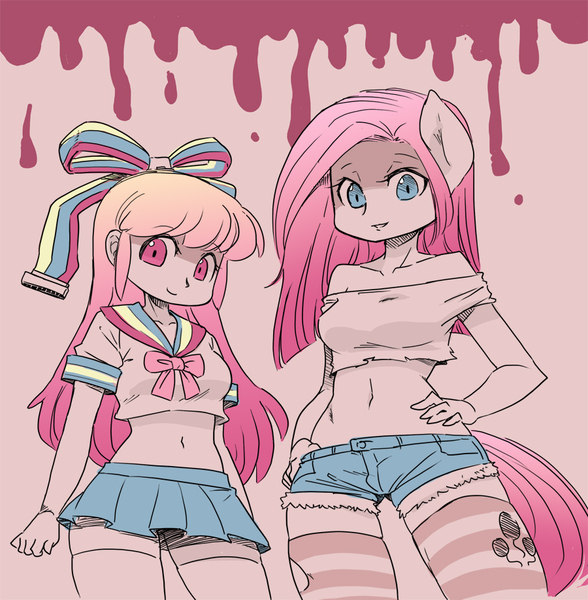 Size: 900x918 | Tagged: ambiguous facial structure, anthro, artist:shepherd0821, belly button, breasts, clothes, crossover, derpibooru import, giffany, gravity falls, midriff, pinkamena diane pie, pinkie pie, semi-grimdark, skirt, soos and the real girl, yandere, yandere pie