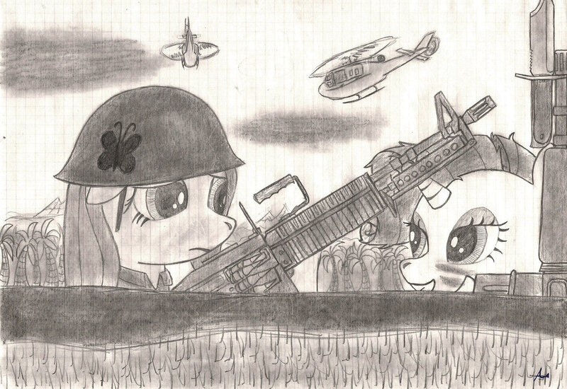 Size: 1077x741 | Tagged: artist:karpiupl, derpibooru import, fluttershy, gun, helicopter, helmet, m60, machine gun, rarity, safe, vietnam, weapon