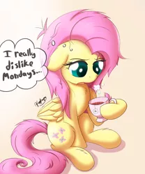 Size: 2500x3000 | Tagged: safe, artist:bugplayer, derpibooru import, fluttershy, pegasus, pony, chinese text, cup, female, floppy ears, mare, messy mane, monday, morning ponies, open mouth, simple background, sitting, solo, tea, thought bubble