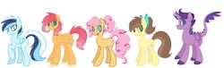 Size: 3524x1068 | Tagged: safe, artist:le-poofe, derpibooru import, oc, oc:anna ambrosia, oc:juniper, oc:light speed, oc:magenta meringue, oc:onyx, unofficial characters only, dracony, earth pony, hybrid, pegasus, pony, female, interspecies offspring, line-up, male, next generation, offspring, parent:applejack, parent:big macintosh, parent:caramel, parent:cheese sandwich, parent:fluttershy, parent:pinkie pie, parent:rainbow dash, parent:rarity, parent:soarin', parent:spike, parents:carajack, parents:cheesepie, parents:fluttermac, parents:soarindash, parents:sparity