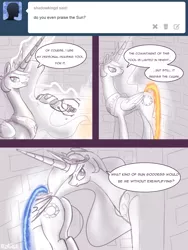 Size: 1600x2133 | Tagged: artist:nadvgia, ask, comic, derpibooru import, plot, portal, portal gun, portal (valve), princess celestia, princess molestia, suggestive, tumblr