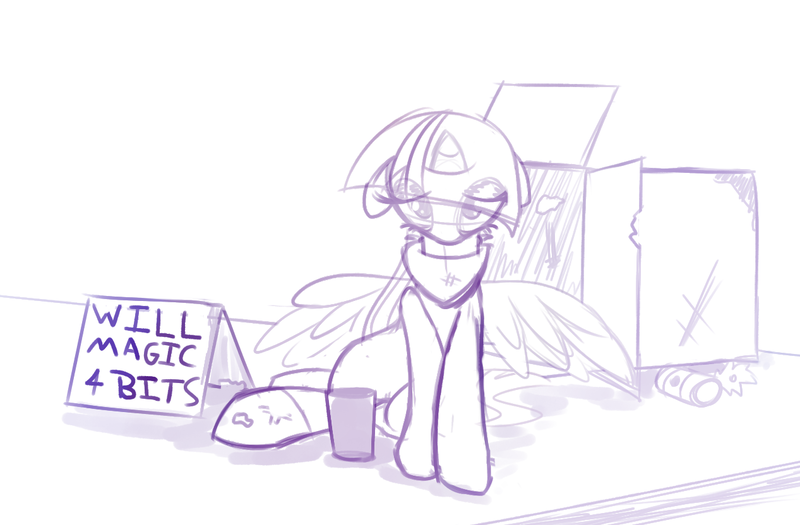 Size: 1267x832 | Tagged: safe, artist:miroslav46, derpibooru import, twilight sparkle, twilight sparkle (alicorn), alicorn, pony, begging, clothes, female, homeless, homeless twilight, mare, sad, scarf, sign, socks, will x for y