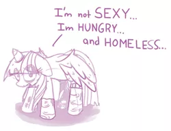 Size: 1050x801 | Tagged: safe, artist:miroslav46, derpibooru import, twilight sparkle, twilight sparkle (alicorn), alicorn, pony, clothes, dialogue, female, homeless, homeless twilight, hungry, mare, sad, socks