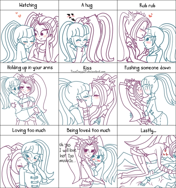 Size: 811x868 | Tagged: questionable, artist:tinacrazy29, derpibooru import, aria blaze, sonata dusk, equestria girls, rainbow rocks, ariabetes, arisona, blushing, clothes, comic, cute, female, grabbing, heart, holding, hug, implied sex, kissing, lesbian, lineart, meme, nudity, open clothes, open shirt, partial nudity, shipping, sonatabetes, topless, tsundaria, tsundere, undressing