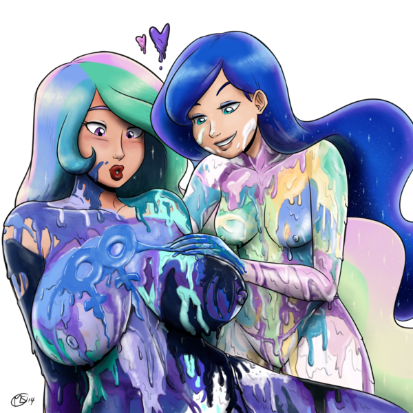 Size: 1270x1270 | Tagged: artist:megasweet, belly button, big breasts, bodypaint, breast fondling, breast grab, breasts, busty princess celestia, clothes, colored, derpibooru import, female, grope, heart, huge breasts, human, humanized, incest, lesbian, lipstick, messy, nipples, nudity, paint, panties, princess celestia, princess luna, princest, questionable, saggy, shipping, topless, underwear