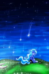 Size: 2000x3000 | Tagged: safe, artist:flamevulture17, derpibooru import, princess luna, eyes closed, floppy ears, moon, s1 luna, shooting stars, sitting, solo, tangible heavenly object