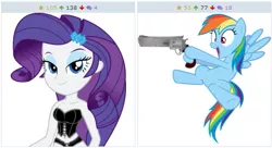 Size: 511x277 | Tagged: safe, derpibooru import, rainbow dash, rarity, derpibooru, equestria girls, exploitable meme, gun, juxtaposition, juxtaposition win, meme, meta, pistol