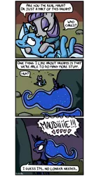 Size: 500x886 | Tagged: suggestive, artist:foudubulbe, derpibooru import, maud pie, princess luna, trixie, pony, unicorn, comic:damp rocks, blushing, comic, dream walker luna, female, implied sex, lesbian, mare, mauxie, shipping