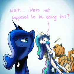 Size: 1200x1200 | Tagged: safe, artist:anticular, derpibooru import, princess celestia, princess luna, alicorn, pony, ask sunshine and moonbeams, chair, comic, duo, duo female, eyes closed, female, halloween, holiday, jack-o-lantern, knife, levitation, magic, mare, open mouth, peytral, pumpkin, pumpkin carving, sitting, tumblr, unamused