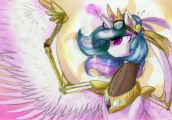 Size: 6874x4816 | Tagged: safe, artist:alicjaspring, derpibooru import, princess celestia, alicorn, pony, absurd resolution, alternate hairstyle, amputee, artificial wings, augmented, female, glowing horn, goggles, magic, mare, mechanical wing, piercing, prosthetic limb, prosthetic wing, prosthetics, solo, spread wings, steampunk, wings