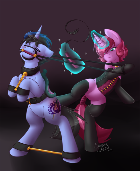 Size: 817x1000 | Tagged: questionable, artist:sugaryviolet, derpibooru import, oc, oc:sugary violet, unofficial characters only, pony, unicorn, bdsm, bipedal, bit gag, blushing, bondage, clothes, collar, corset, cutiemarking, dominatrix, femdom, gag, leather, malesub, reins, saddle, spreader bar, stockings, submissive, tail wrap, whip, whip marks, whipping