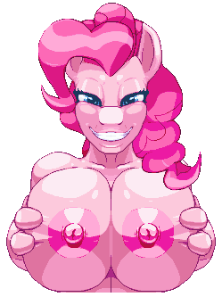 Size: 249x333 | Tagged: questionable, artist:casetermk, derpibooru import, pinkie pie, anthro, earth pony, bedroom eyes, big breasts, breast hold, breasts, breast squeeze, busty pinkie pie, female, huge breasts, impossibly large breasts, looking at you, nipples, nudity, simple background, solo, solo female, transparent background