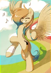 Size: 944x1347 | Tagged: safe, artist:katputze, derpibooru import, oc, oc:sunny diamond, unofficial characters only, pegasus, pony, bandage, bipedal, dancing, earbuds, eyes closed, female, happy, music notes, music player, rainbow, solo