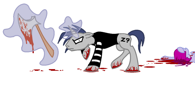 Size: 1050x514 | Tagged: semi-grimdark, artist:cabsisu, derpibooru import, ponified, unicorn, axe, blood, dead, implied murder, johnny the homicidal maniac, jthm, magic, male, stallion, telekinesis