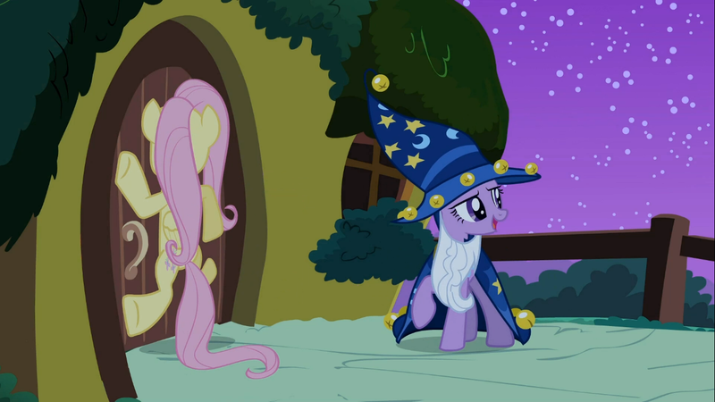 Size: 1366x768 | Tagged: derpibooru import, flutterdoor, fluttershy, luna eclipsed, safe, screencap, twilight sparkle