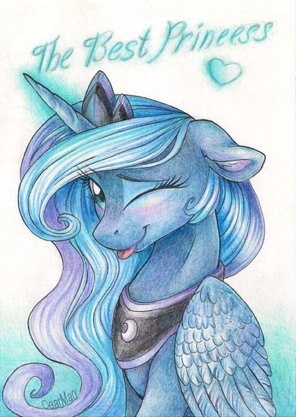 Size: 500x702 | Tagged: safe, artist:dearmary, derpibooru import, princess luna, :p, best pony, best princess, blushing, caption, cute, floppy ears, looking at you, lunabetes, magic, sitting, smiling, solo, tongue out, traditional art, wink