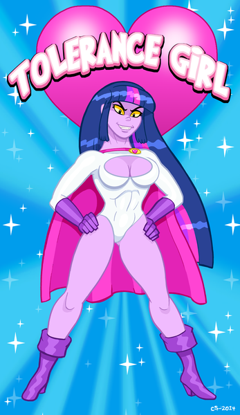 Size: 900x1555 | Tagged: safe, artist:curtsibling, derpibooru import, twilight sparkle, equestibooru girls, equestria girls, breasts, evil eyes, evil grin, female, hand on hip, parody, power girl