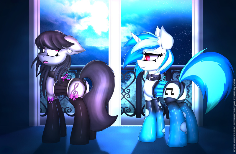 Size: 2300x1500 | Tagged: suggestive, artist:gamermac, derpibooru import, octavia melody, vinyl scratch, clothes, corset, evening gloves, female, gloves, latex, lesbian, scratchtavia, shipping, socks, stockings, vinyl