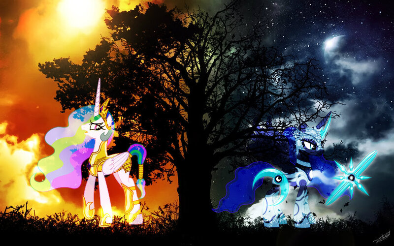 Size: 1024x640 | Tagged: armor, artist:brushiball546, artist:larsurus, derpibooru import, moon, princess celestia, princess luna, safe, stars, sun, tree, weapon