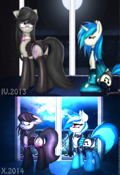 Size: 1700x2470 | Tagged: dead source, suggestive, artist:gamermac, derpibooru import, octavia melody, vinyl scratch, clothes, corset, draw this again, female, lesbian, scratchtavia, shipping, socks, stockings, vinyl