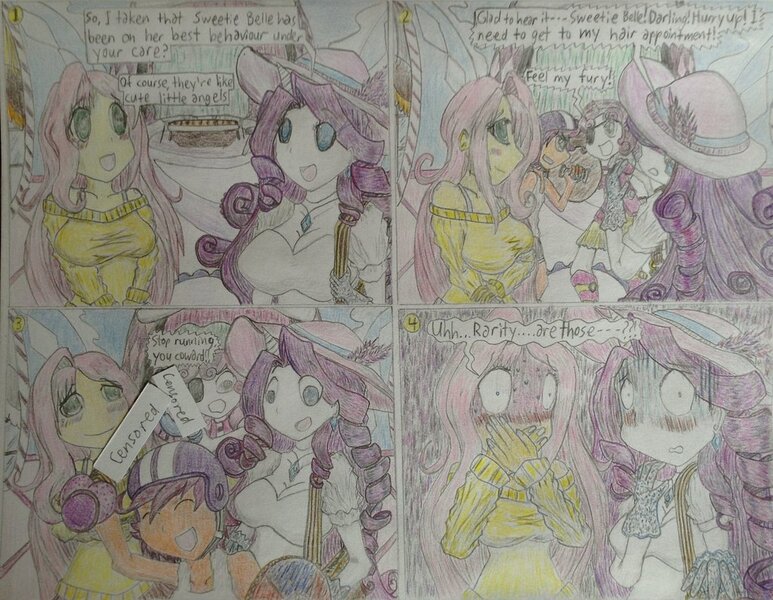 Size: 1024x795 | Tagged: artist:meiyeezhu, big breasts, breasts, busty fluttershy, busty rarity, censored, comic, derpibooru import, dialogue, dildo, eyepatch, female, fluttershy, horned humanization, human, humanized, pony coloring, questionable, rarity, scootaloo, sex toy, sweetie belle, traditional art