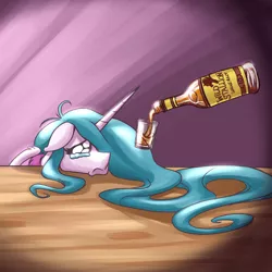 Size: 1000x1000 | Tagged: safe, artist:romanrazor, derpibooru import, princess celestia, alicorn, pony, good morning celestia, alcohol, bathrobe, blue-mane celestia, bluetia, clothes, crying, depressedia, drinking, drunk, drunklestia, female, floppy ears, frown, liquor, mare, reaction image, robe, sad, solo, tumblr