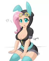 Size: 1846x2305 | Tagged: adorasexy, artist:thebrokencog, big breasts, blushing, breasts, bunny ears, busty fluttershy, cleavage, clothes, costume, cute, dangerous mission outfit, derpibooru import, female, fluttershy, goggles, heart, hoodie, human, humanized, looking at you, open mouth, sexy, simple background, sitting, smiling, socks, solo, solo female, stockings, suggestive, thigh highs, white background