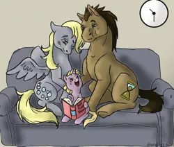 Size: 847x719 | Tagged: artist:gloryblaz, clock, cute, derpabetes, derpibooru import, derpy hooves, dinkabetes, dinky hooves, doctorbetes, doctorderpy, doctor whooves, equestria's best mother, family, female, hoers, male, reading, safe, shipping, straight, time turner, younger