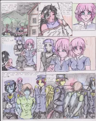 Size: 1275x1606 | Tagged: anthro, artist:zoarenso, breasts, comic, derpibooru import, human, humanized, maud pie, oc, oc:dizzy spell, oc:wing beat, pinkamena diane pie, pinkie pie, semi-grimdark, traditional art, undocumented report