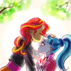 Size: 1099x1099 | Tagged: safe, artist:superkeen, derpibooru import, sonata dusk, sunset shimmer, equestria girls, rainbow rocks, blushing, cute, female, forehead kiss, lesbian, shipping, sunata