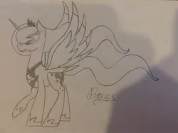 Size: 1280x956 | Tagged: artist:nothin-but-my-bones, derpibooru import, lunadoodle, monochrome, pencil drawing, photo, princess luna, raised hoof, safe, sketch, solo, spread wings, traditional art