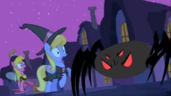 Size: 1366x768 | Tagged: safe, derpibooru import, screencap, cherry berry, cloud kicker, earth pony, pegasus, pony, spider, luna eclipsed, animal costume, bee costume, clothes, costume, female, hat, mare, night, nightmare night costume, red eyes, red eyes take warning, witch costume, witch hat