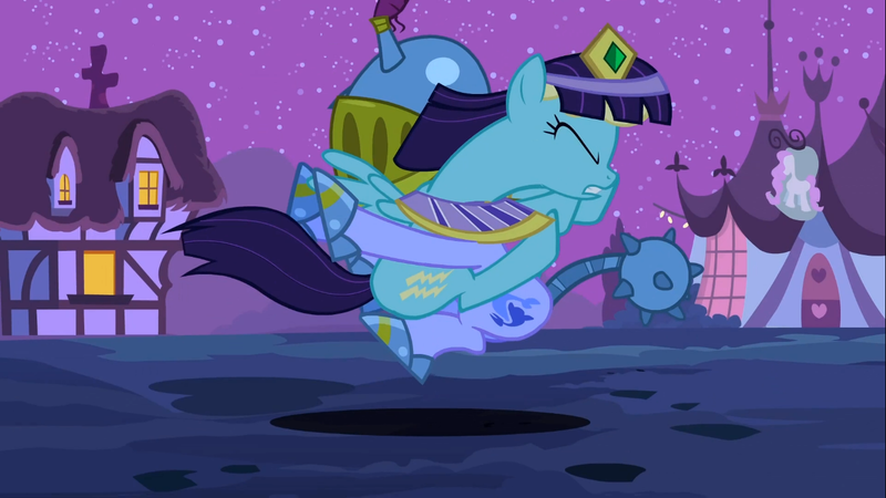 Size: 1366x768 | Tagged: safe, derpibooru import, screencap, sassaflash, sea swirl, seafoam, pony, luna eclipsed, background pony, clothes, collision, costume, duo, egyptian, eyes closed, female, helmet, hidden face, mare, morning star, night, nightmare night costume, wig