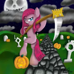 Size: 3000x3000 | Tagged: artist:clayman778, derpibooru import, graveyard, halloween, holiday, jack-o-lantern, moon, night, nightmare night, pinkamena diane pie, pinkie pie, pumpkin, safe, scythe, solo, weapon