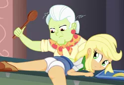 Size: 1280x875 | Tagged: suggestive, artist:ohohokapi, deleted from derpibooru, derpibooru import, applejack, granny smith, equestria girls, applejack is a spankaholic, clothes, panties, skirt, skirt flip, skirt lift, spanking, underwear, upskirt, white underwear, wooden spoon