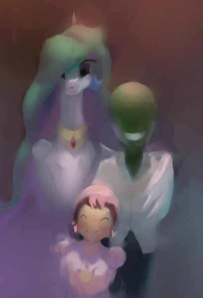 Size: 848x1244 | Tagged: :3, artist:remi721, blushing, cute, daughter, derpibooru import, eyes closed, family photo, father, father and daughter, grin, hair over one eye, hug, human, interspecies offspring, looking at you, married couple, mother, mother and daughter, oc, oc:anon, oc:dawn, offspring, parent:anon, parent:oc:anon, parent:princess celestia, portrait, princess celestia, safe, satyr, smiling, source needed, winghug