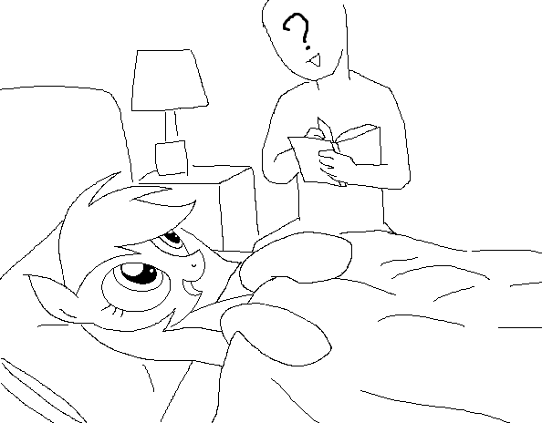 Size: 594x464 | Tagged: artist:hyolark, bed, book, derpibooru import, human, lamp, monochrome, oc, oc:anon, rainbow dash, safe