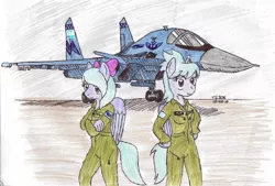 Size: 3254x2206 | Tagged: safe, artist:topgun308, derpibooru import, cloudchaser, flitter, anthro, clothes, jet, jumpsuit, lunar republic, new lunar republic, plane, su-34, su-34 fullback, sukhoi, traditional art