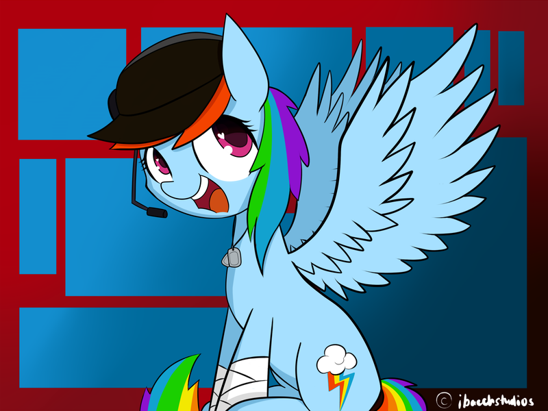 Size: 1600x1200 | Tagged: safe, artist:ibacchstudios, derpibooru import, rainbow dash, crossover, dog tags, hat, scout, solo, team fortress 2