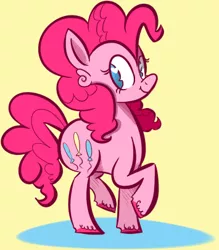 Size: 355x405 | Tagged: dead source, safe, artist:squirrelsphere, derpibooru import, pinkie pie, earth pony, pony, cute, diapinkes, female, heart eyes, mare, no pupils, simple background, solo, unshorn fetlocks, wingding eyes, yellow background