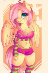 Size: 1300x2000 | Tagged: anthro, artist:evehly, belly button, blushing, breasts, busty fluttershy, cleavage, clothes, derpibooru import, female, fluttershy, looking at you, midriff, panties, peace symbol, smiling, solo, solo female, sports bra, sports shorts, suggestive, thigh highs, thong, underwear