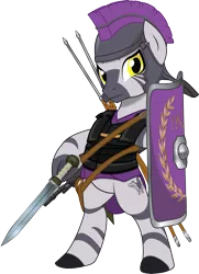 Size: 3380x4675 | Tagged: armor, artist:geekladd, derpibooru import, fallout equestria, fallout equestria: new roam, legionary, oc, oc:delvius, roman, safe, scutum, shield, simple background, solo, sword, transparent background, unofficial characters only, zebra