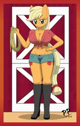 Size: 2300x3650 | Tagged: anthro, applejack, artist:sonork91, belly button, big breasts, both cutie marks, breasts, busty applejack, cleavage, female, front knot midriff, hips, midriff, solo, solo female, suggestive