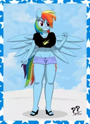 Size: 2680x3707 | Tagged: anthro, artist:sonork91, belly button, breasts, busty rainbow dash, feet, female, high heels, midriff, plantigrade anthro, rainbow dash, sandals, solo, solo female, suggestive, toes