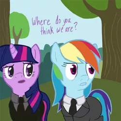 Size: 500x500 | Tagged: artist needed, safe, derpibooru import, rainbow dash, twilight sparkle, pony, unicorn, fanfic:bittersweet, clothes, dialogue, female, image macro, mare, meme, necktie, open mouth, reaction image, scrubs, suit, where do you think we are