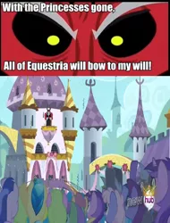 Size: 650x854 | Tagged: bad end, canterlot, crossing the memes, derpibooru import, everything went better than expected, exploitable meme, hub logo, lord tirek, meme, safe, subverted meme, tirek vs everyone meme, tirek wins for once, zig-zagged meme