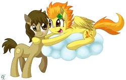 Size: 2299x1465 | Tagged: safe, artist:wildberry-poptart, derpibooru import, spitfire, oc, oc:chocolate chips, earth pony, pegasus, pony, blushing, canon x oc, cloud, clover, female, firechips, four leaf clover, hug, male, mare, open mouth, shipping, simple background, smiling, stallion, straight, transparent background