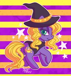 Size: 1770x1900 | Tagged: safe, artist:dolcisprinkles, derpibooru import, abra-ca-dabra, earth pony, pony, cape, clothes, costume, g3, halloween, hat, smiling, solo, starry eyes, wingding eyes, witch, witch hat