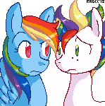 Size: 149x150 | Tagged: artist:general-radix, crossover, derpibooru import, lisa frank, marky, pixel art, rainbow dash, safe