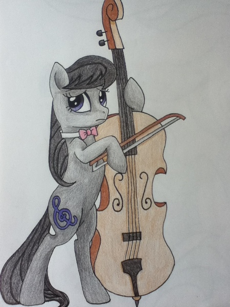 Size: 720x960 | Tagged: safe, artist:deadliestvenom, derpibooru import, octavia melody, earth pony, pony, bipedal, cello, musical instrument, simple background, solo, traditional art